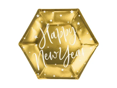 Talerzyki Happy New Year, złoty, 6szt. | SYLWESTER