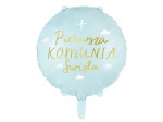 Balon foliowy z napisem Pierwsza Komunia Święta, okrągły, jasnoniebieski | KOMUNIA