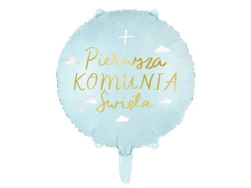 Balon foliowy z napisem "Pierwsza Komunia Święta", okrągły, jasnoniebieski | KOMUNIA