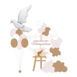 Zestaw dekoracji na Pierwszą Komunię Świętą w stylu boho: dekoracja balonowa na sztaludze, personalizowana tabliczka i tematyczny, balonowy bukiet.