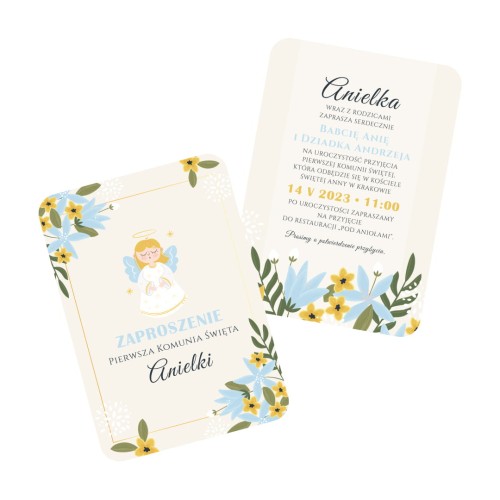 Personalizowane zaproszenia z kopertami PRO, 4szt., Pierwsza Komunia Święta NIEBIAŃSKA ŁĄKA