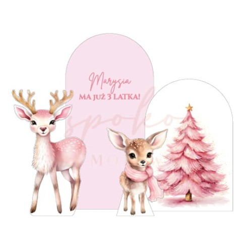 Dekoracja wielkoformatowa RÓŻOWE ŚWIĘTA, ZESTAW: ŚCIANKA Z SARENKAMI I CHOINKĄ