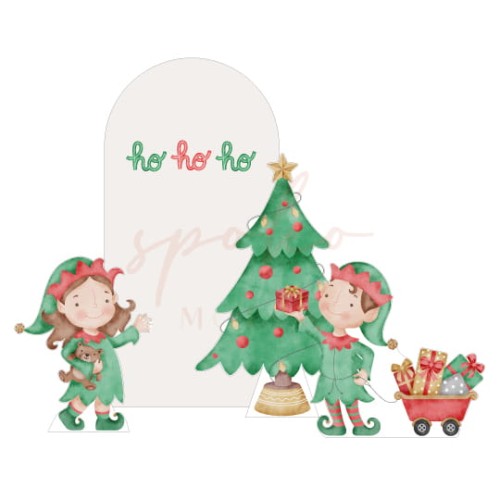 Dekoracja wielkoformatowa KLASYCZNE ŚWIĘTA, ZESTAW: ŚCIANKA Z ELFAMI I CHOINKĄ