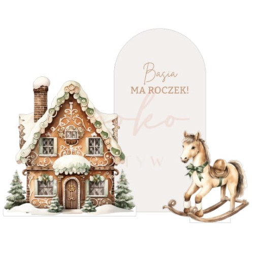 Dekoracja wielkoformatowa PRZYTULNE ŚWIĘTA, ZESTAW: ŚCIANKA Z DOMKIEM Z PIERNIKA I KONIEM NA BIEGUNACH