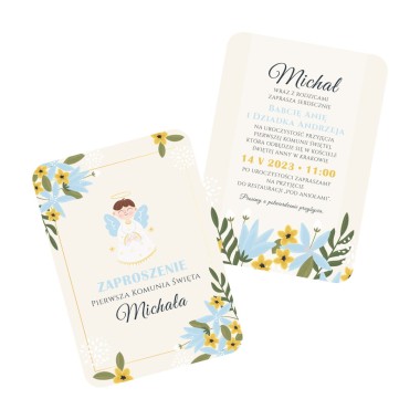 Personalizowane zaproszenia z kopertami PRO, 4szt., Pierwsza Komunia Święta NIEBIAŃSKA ŁĄKA, CHŁOPIEC