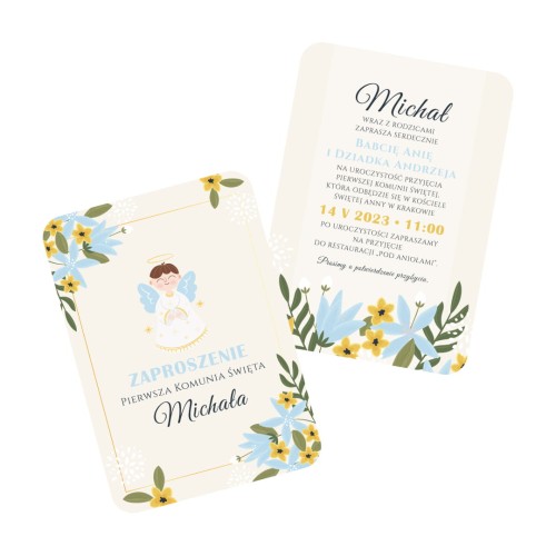 Personalizowane zaproszenia z kopertami PRO, 4szt., Pierwsza Komunia Święta NIEBIAŃSKA ŁĄKA, CHŁOPIEC
