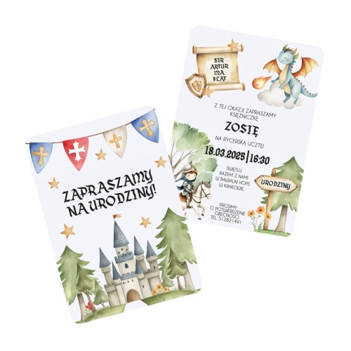 Personalizowane zaproszenia z kopertami PRO, 4szt., Urodziny RYCERZE I SMOKI