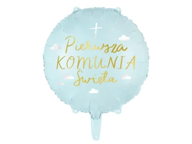 Balon foliowy z napisem "Pierwsza Komunia Święta", okrągły, jasnoniebieski + HEL (odbiór osobisty, dostawa, Kraków)