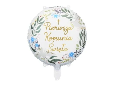 Balon foliowy z napisem "Pierwsza Komunia Święta", okrągły + HEL (odbiór osobisty, dostawa, Kraków)