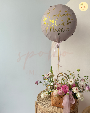 Zestaw: torebka z kwiatami S + balon z helem DZIEŃ MATKI (odbiór osobisty, dostawa, Kraków)