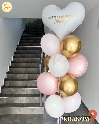 Balonowy bukiet z helem, Chrzest, DZIEWCZYNKA serce (odbiór osobisty, dostawa, Kraków)