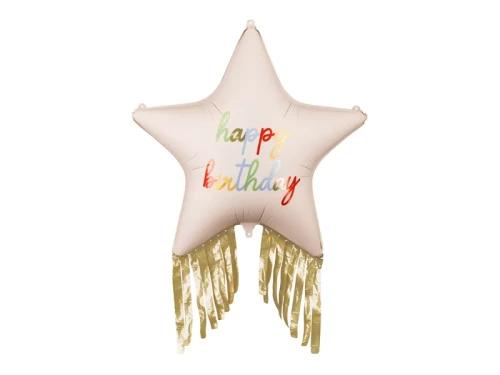 Balon foliowy Gwiazda z frędzlami , z napisem Happy Birthday