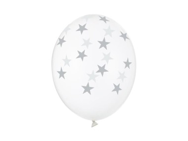 Balon 30cm, gwiazdki srebrny, transparentny, Crystal Clear, 1szt.| PartyDeco Strong Balloons + HEL (odbiór osobisty, dostawa, Kraków)