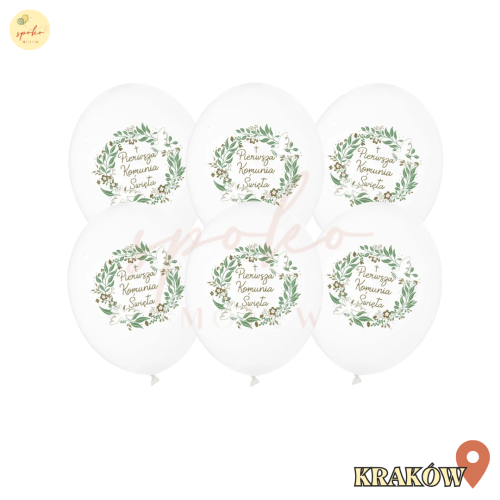 Balony lateksowe 30cm, Pierwsza Komunia Święta, biały, 6szt. + HEL (odbiór osobisty, dostawa, Kraków)