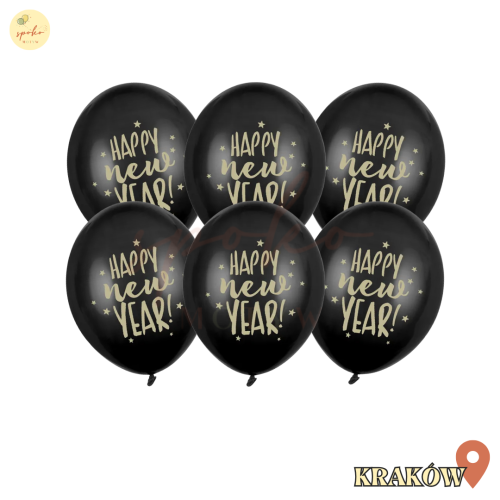 Balony lateksowe 30cm, Happy New Year, czarny, 6szt. | SYLWESTER + HEL (odbiór osobisty, dostawa, Kraków)
