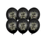 Balony lateksowe 30cm, Happy New Year, czarne, 6szt. | SYLWESTER