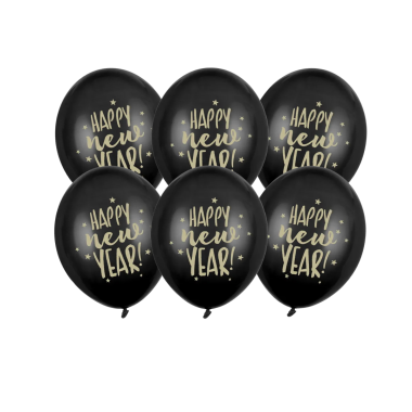 Balony lateksowe 30cm, Happy New Year, czarne, 6szt. | SYLWESTER