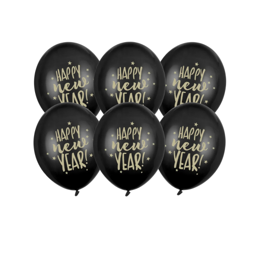 Balony lateksowe 30cm, Happy New Year, czarne, 6szt. | SYLWESTER