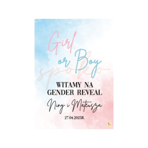 Tabliczka personalizowana, prostokąt, 50x70cm, GENDER REVEAL, BOY OR GIRL