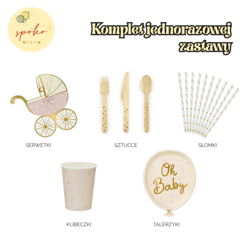 BABYSHOWER RÓŻOWY - komplet jednorazowej zastawy na 6 os.