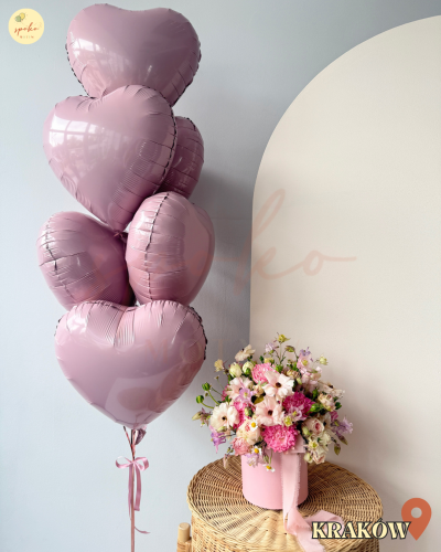 Balonowy bukiet z helem, Walentynki, RÓŻOWE SERCA, 7szt. (odbiór osobisty, dostawa, Kraków)