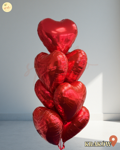 Balonowy bukiet z helem CZERWONE SERCA, 7szt. (odbiór osobisty, dostawa, Kraków)