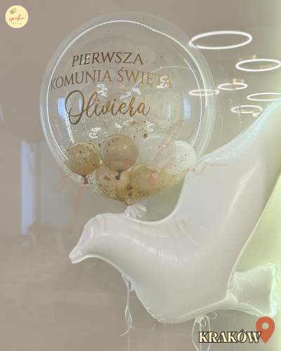 Balon Bubble z helem, Pierwsza Komunia Święta, BEŻOWA ELEGANCJA (odbiór osobisty, dostawa, Kraków)