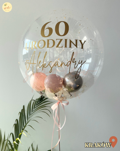 Balon Bubble z helem, Urodziny, SOFT PINK (odbiór osobisty, dostawa, Kraków)