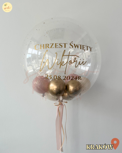 Balon Bubble z helem, Chrzest, SOFT PINK (odbiór osobisty, dostawa, Kraków)