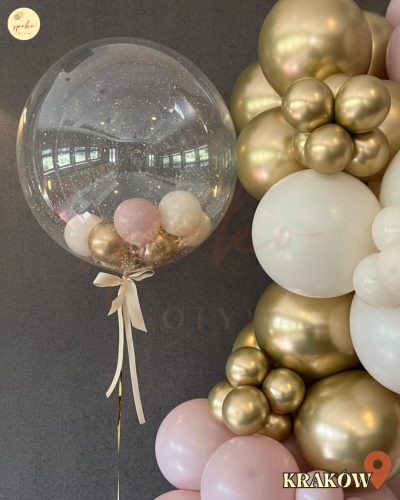 Balon Bubble z helem, Chrzest, SOFT PINK (odbiór osobisty, dostawa, Kraków)