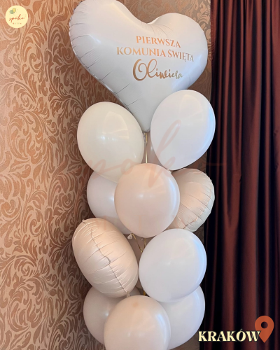 Balonowy bukiet z helem, Komunia, BEŻOWA ELEGANCJA Serce (odbiór osobisty, dostawa, Kraków)