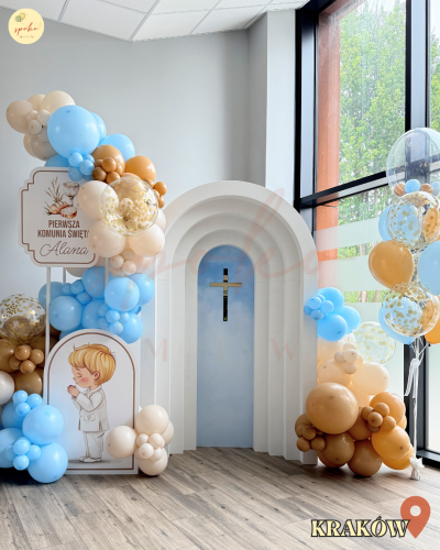 Balonowa ścianka do zdjęć, Komunia, BOHO BLUE (montaż, Kraków)
