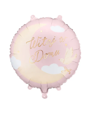 Balon foliowy z napisem Witaj w Domu, okrągły, j. różowy + HEL (odbiór osobisty, dostawa, Kraków)