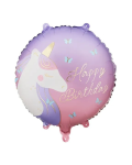 Balon foliowy z napisem "Happy Birthday", okrągły | JEDNOROŻEC