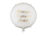 Balon foliowy z napisem "Pierwsza Komunia Święta", okrągły, beżowy, Kwiaty