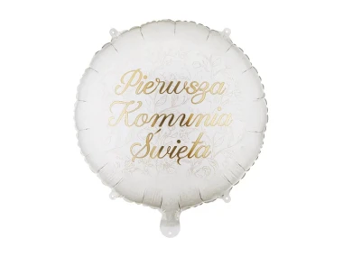 Balon foliowy z napisem "Pierwsza Komunia Święta", okrągły, beżowy, Kwiaty