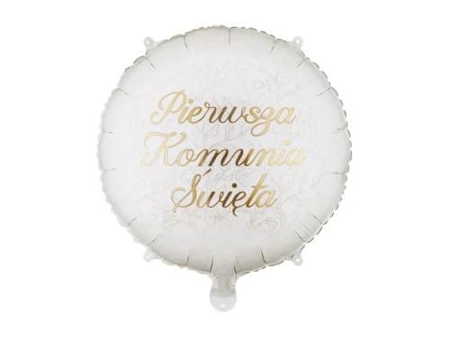 Balon foliowy z napisem Pierwsza Komunia Święta, okrągły, beżowy, Kwiaty + HEL (odbiór osobisty, dostawa, Kraków)