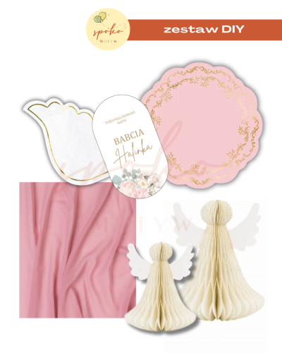 Zestaw dekoracji na stół na 12 osób, SOFT PINK, Chrzest, Komunia