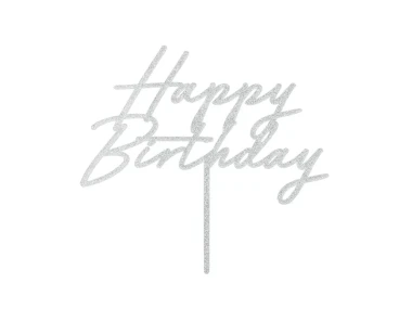 Topper na tort, Happy Birthday, akrylowy, srebrny