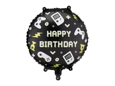 Balon foliowy z napisem "Happy Birthday", okrągły, Gamer