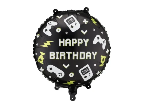 Balon foliowy z napisem "Happy Birthday", okrągły, Gamer