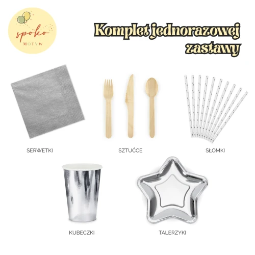 SYLWESTER - komplet jednorazowej zastawy na 6 osób, srebrny
