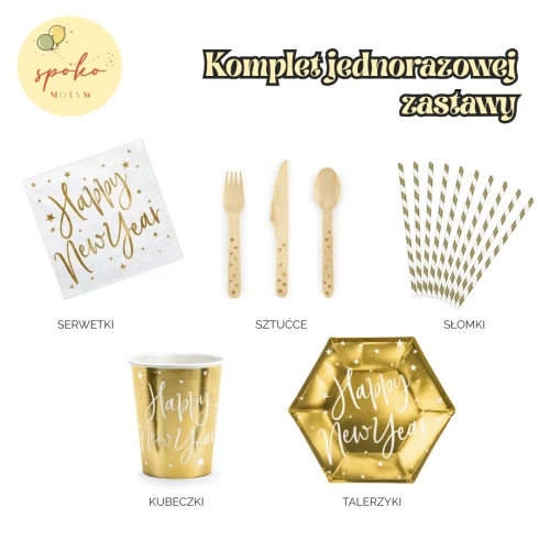SYLWESTER - komplet jednorazowej zastawy na 6 osób, złoty